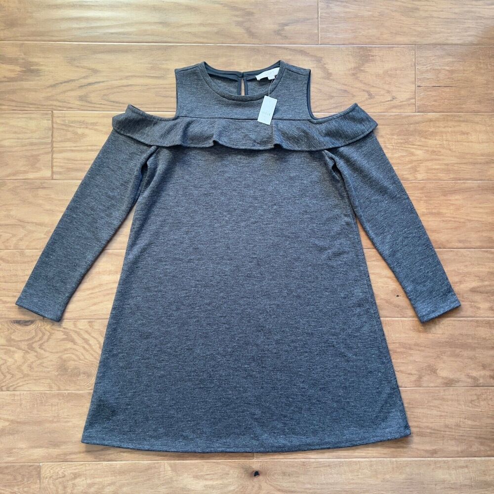 NWT Loft Dress Size M Charcoal Gray Cold Shoulder Long Sleeve Ruffle